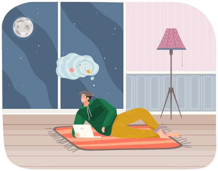 Homme allongé sur un canapé avec un ordinateur, tenant un ordinateur portable et surfant sur la correspondance sur Internet. Personnage masculin communiquant avec des amis, étudiant à distance, assis par terre, se détendant, se reposant après le travail