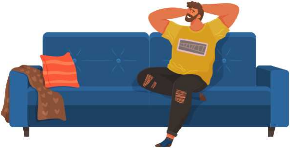 Pria berbaring di sofa di apartemen. Pria muda yang bahagia bersantai, bermimpi. Beristirahatlah di sofa dan pikirkan sesuatu. Rekreasi di rumah. Karakter laki-laki berbaring di divan dan tersenyum, menikmati waktu di rumah sepulang bekerja