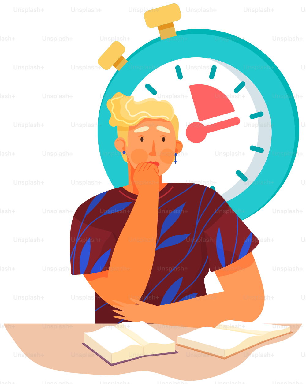 Time management illustration of woman reading books sitting at table near big clock, on background of stopwatch. Student studies at home independently with educational literature controls time