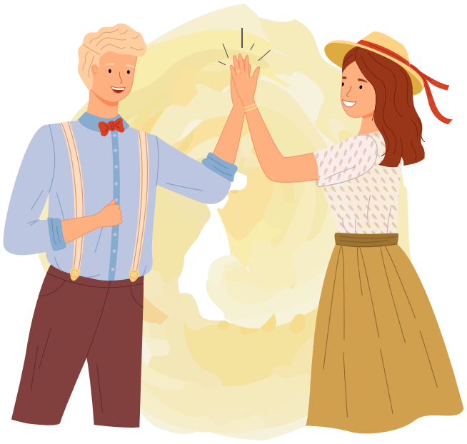 Two people giving high five, standing with hands together. Man and woman in casual clothes greeting each other. Characters give five and rejoice. Happy couple during greeting vector illustration
