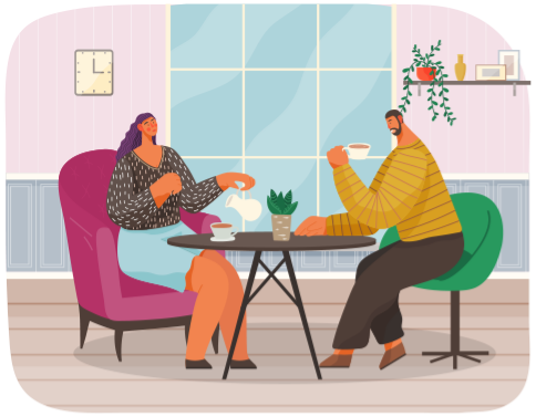 Man and woman sitting at table with coffee in restaurant on date. Married couple drink tea in kitchen at home, sitting at cozy table. Pleasant family tea party in evening. Loving people in cafe
