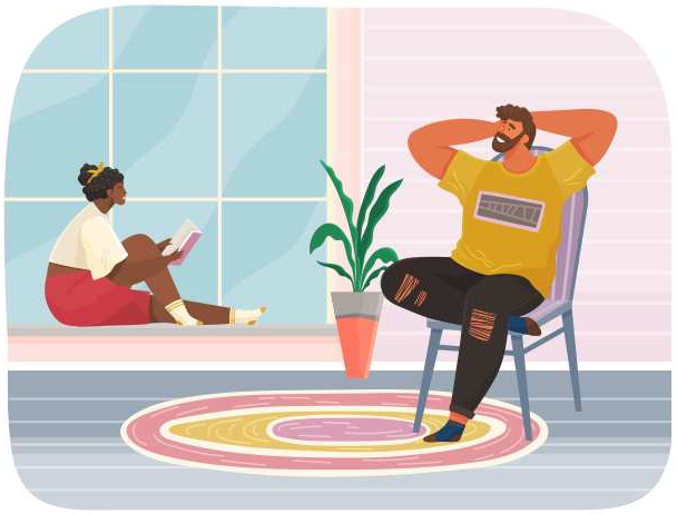 Guy thinks, rests, smiles and sits on chair at home. Woman relaxes, dreams and reads book near window. Person thinks about future. Couple spend time at home enjoy free time, dream, rest after work