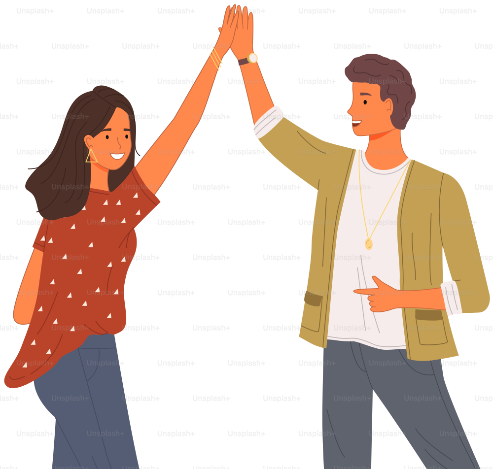 Two people giving high five, standing with hands together. Man and woman in casual clothes greeting each other. Characters give five and rejoice. Happy couple during greeting vector illustration