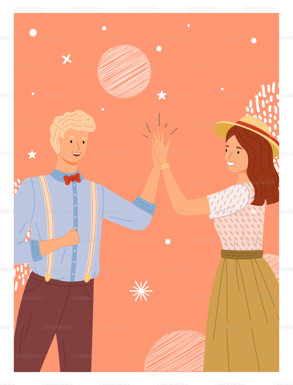 Two people giving high five, standing with hands together. Man and woman in casual clothes greeting each other. Characters give five and rejoice. Happy couple during greeting vector illustration