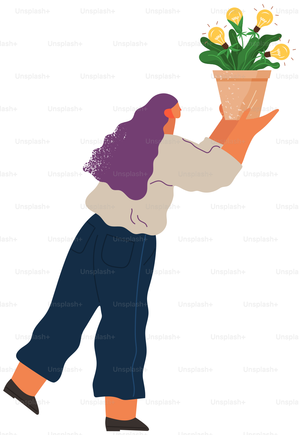 Concept of great idea. Woman has good idea holding potted plant with lightbulbs in hands. Solution of problem, creative thinking, new startup. Idea generation, imagination, creativity, solution