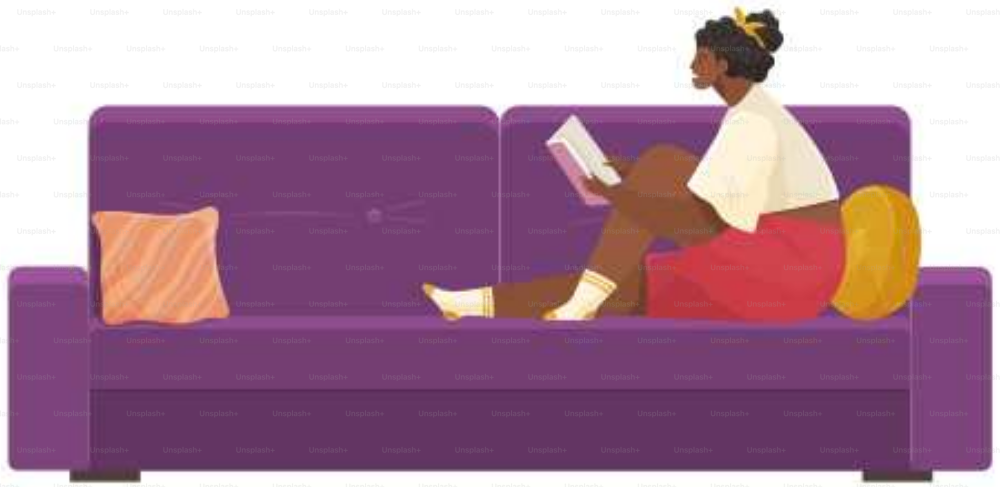 Menina senta-se em casa e lê. Mulher com livro em suas mãos gastando tempo no apartamento. Personagem feminina está lendo e descansando depois do trabalho. Senta-se no sofá e estuda o livro. Lazer, passatempo em casa
