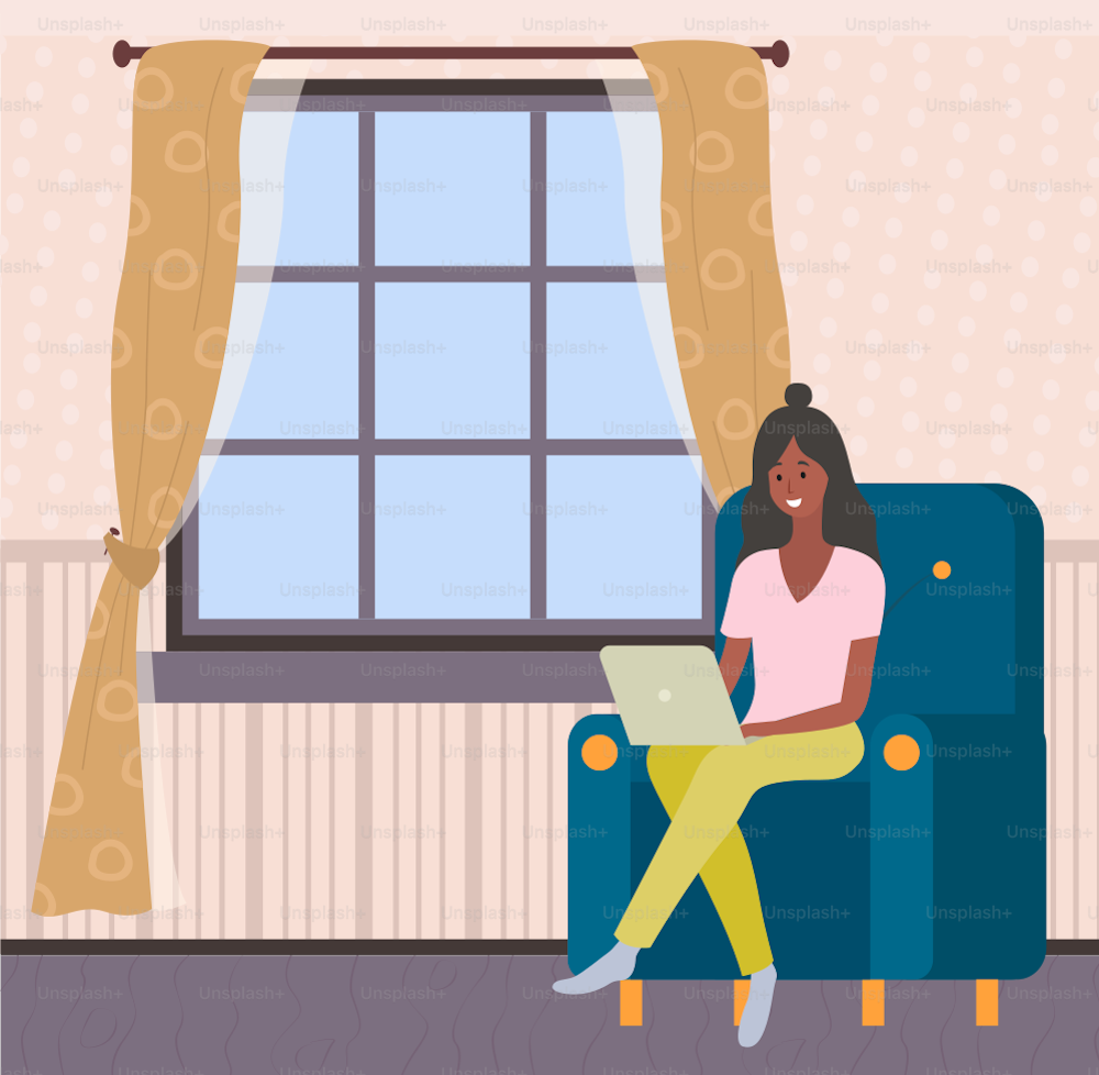 Woman works with laptop in living room. Remote work, programming, online freelancing. Female character sits with digital technology, performs tasks. Employee sitting in armchair with computer at home