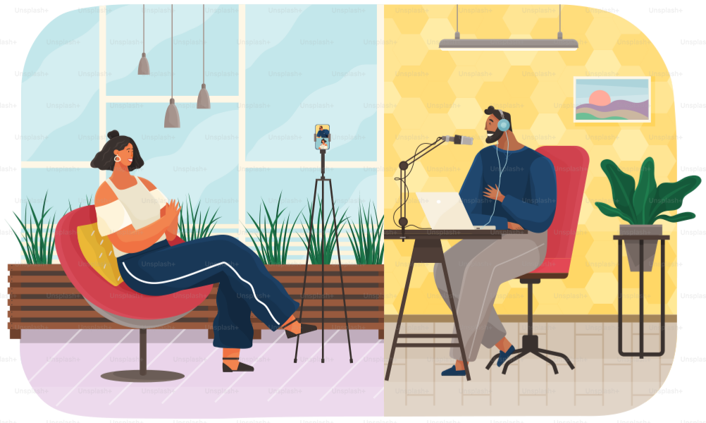 Characters giving interview to journalist. Live report, press conference with guests of radio station. People communicate during podcast. Live communication at interview. Recording audio podcast
