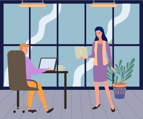 People working with laptops at workplace. Employees sitting with digital technology, performing tasks. Company workers communicate at work. Teamwork, work planning, co working in office concept