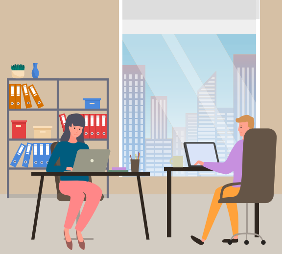 People working with laptops at workplace. Remote work, programming, online freelancing. Employees sitting with digital technology, performing tasks in office. Company workers communicate at work