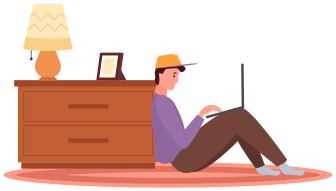 Apprentissage à distance, freelance et divertissement en ligne. Un homme assis avec un ordinateur portable près d’une commode à la maison. Télétravail, concept de freelance à domicile en ligne. Communication en ligne, navigation sur internet