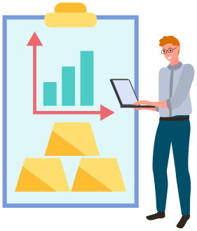 Businessman with laptop working with finance, funds and profit growth. Accumulating and collecting money. Savings, investor, rich people and wealth concept. Man with computer exaggerates profits