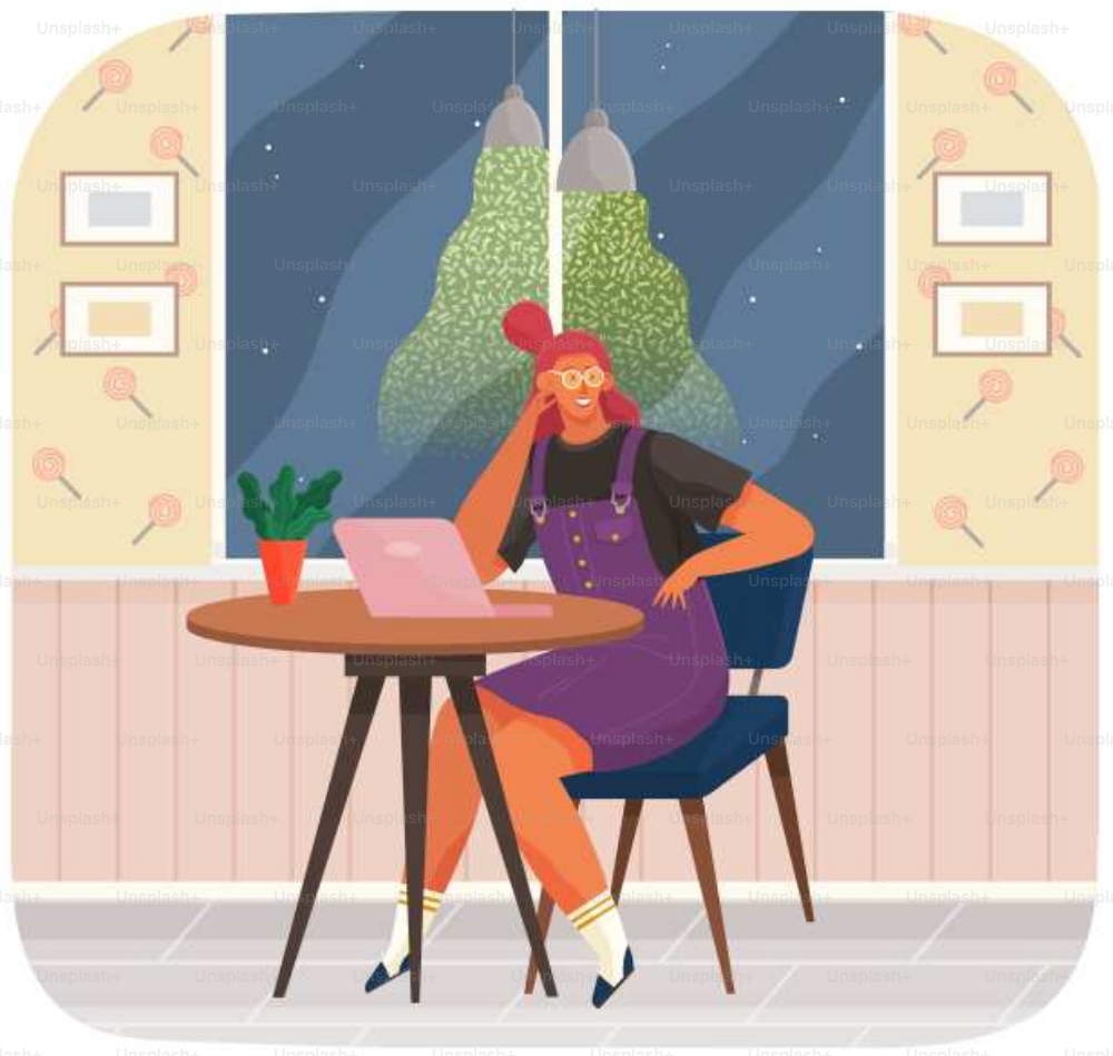 Young woman using laptop. Girl is freelancing, working on computer at night. Female freelancer sitting at table, using technology and working. Remote work from home, freelancing, online training