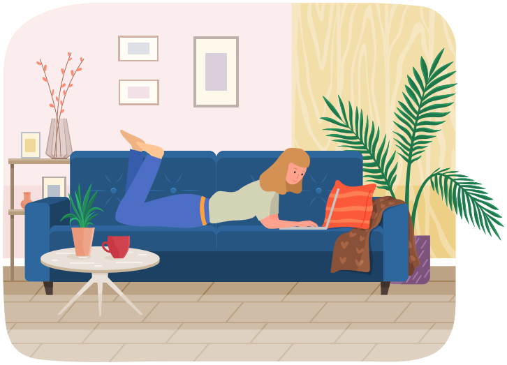 Distance learning, freelance and internet job. Woman lying with laptop on couch at home. Remote work, online home freelancing, entertainment. Online communication, internet surfing in living room