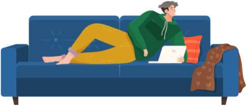 Mann liegt auf der Couch mit Computer, hält Laptop und Korrespondenz beim Surfen im Internet. Männlicher Charakter, der mit Freunden kommuniziert, aus der Ferne lernt, auf dem Sofa sitzt, sich entspannt und sich nach der Arbeit ausruht