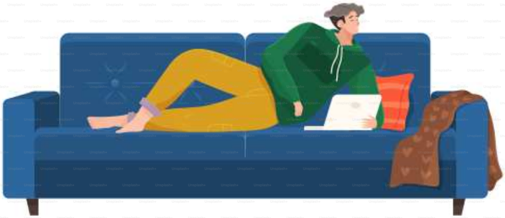 Man lying on couch with computer, holding laptop and correspondence surfing in Internet. Male character communicating with friends, studying remotely, sitting on sofa, relaxing, resting after work