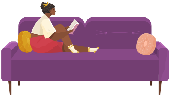 Girl sits at home and reads. Woman with book in her hands spending time in apartment. Female character is reading and resting after work. Sits on couch and studies book. Leisure, pastime at home