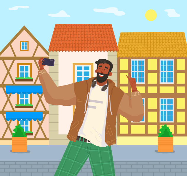 ストリートでライブ配信をしている若い男性。ビデオブログのコンセプト。ソーシャルメディアネットワークのブロガー。男はスマートフォンで生放送している。個人がビデオブログや放送にテクノロジーを活用している