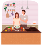 Happy family cooking healthy vegetarian food together in kitchen at table. Prepearing family dinner in cook room interior. Young couple make salad, woman cuts vegetables for useful eating home food