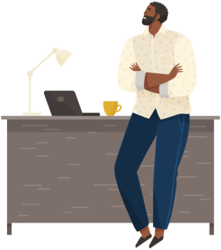 Office worker standing next to table with laptop. Businessman or clerk working at his office workplace. Smiling man enterpreneur resting during break in working day, thinking about something