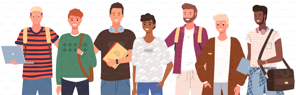 Diverse college, university students standing in line. Group of young people, multicultural men. Multinational male characters, students of educational institution, university with books and laptops