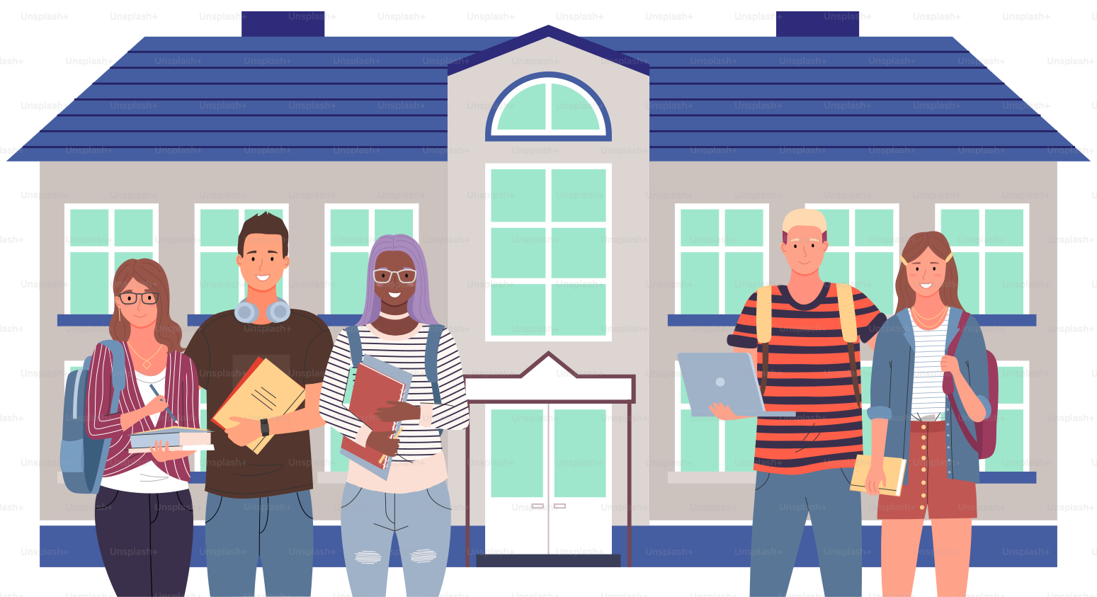 Diverse college, students standing on background of university. Group of young people, multicultural men and women. Multinational school pupils near educational institution, university with books