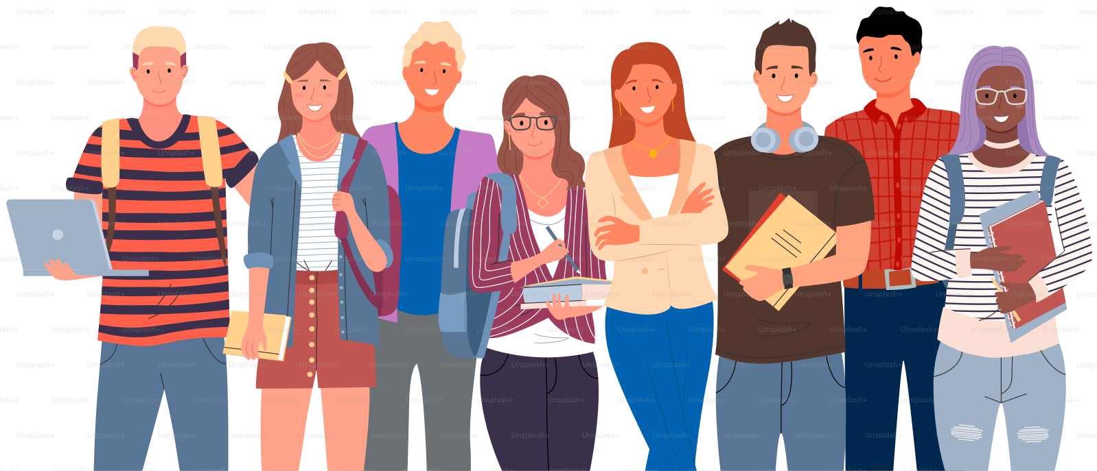 Estudiantes universitarios y de colegios diversos haciendo cola. Grupo de  jóvenes, hombres y mujeres multiculturales. Parejas multinacionales,  estudiantes de instituciones educativas, universidad con libros y  portátiles vector – Imagen de Educación en, image size:3000x1289