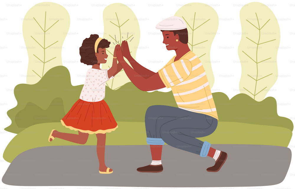 Two people giving five with hands together. Man and his child in casual clothes greeting each other. Father and daughter give five and rejoice. Happy characters during greeting vector illustration