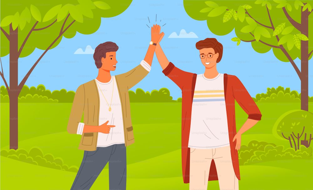 Two people giving high five, standing happily with hands together. Smiling men greeting each other. Male characters give five and rejoice. Happy guys during greeting isolated on white background