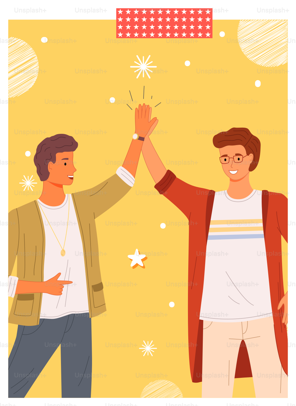 Two people giving high five, standing happily with hands together. Smiling men greeting each other. Male characters give five and rejoice. Happy guys during greeting isolated on white background