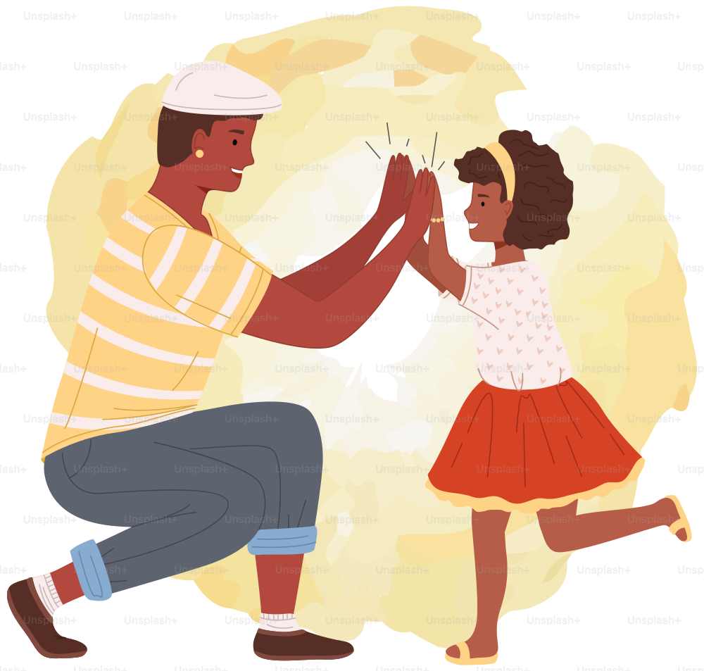 Two people giving five with hands together. Man and his child in casual clothes greeting each other. Father and daughter give five and rejoice. Happy characters during greeting vector illustration