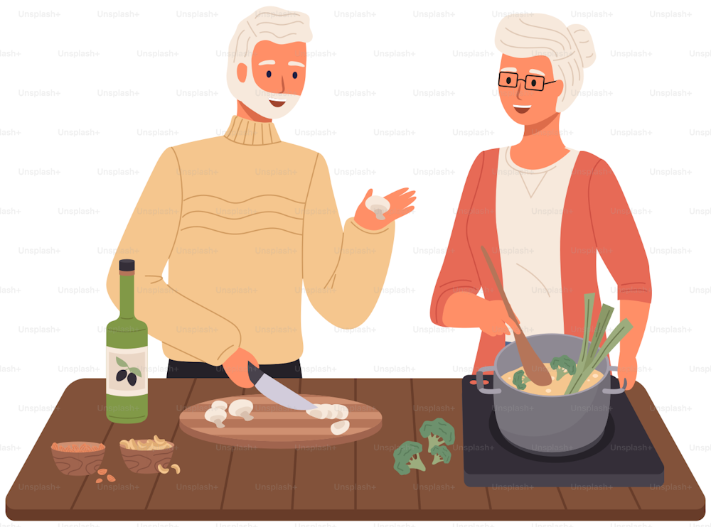 Proper nutrition, healthy lifestyle and vegetarianism concept. Elderly couple is preparing soup with mushrooms and vegetables. Old man and woman mix ingredients for meatless vegetarian dish