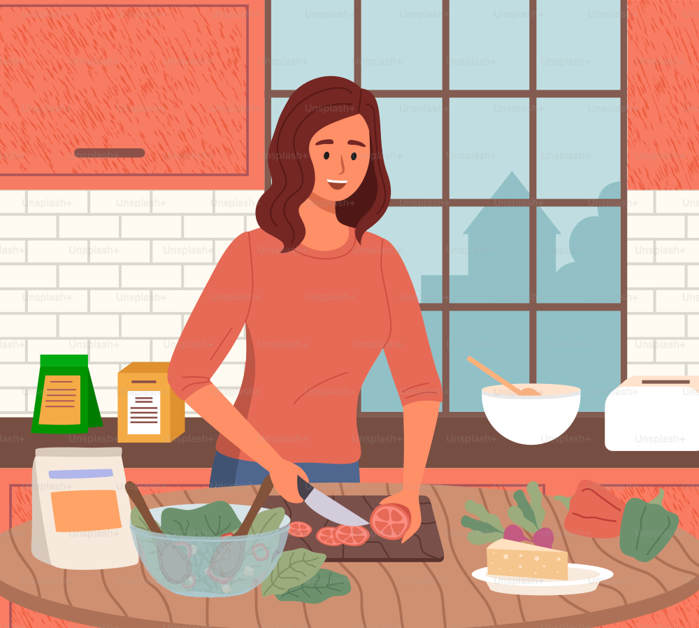 Mulher preparando salada usando ingredientes vegetarianos na cozinha. Nutrição adequada, estilo de vida saudável e conceito de vegetarianismo. Processo de cozimento de comida vegetariana. Menina corta legumes para prato saudável