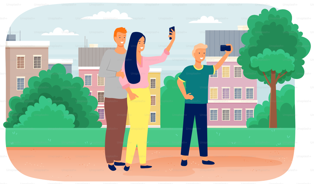 Un grupo de amigos se toman selfies por teléfono mientras caminan por el parque. Amistad, foto en jardín. Las personas toman fotos durante la reunión al aire libre el fin de semana, usan el teléfono inteligente para grabar publicaciones para redes sociales