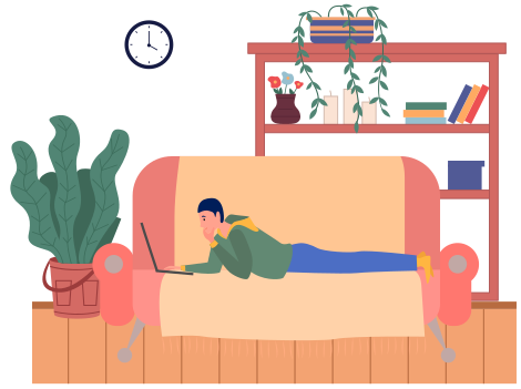 Distance learning, freelance and internet job. Man lying with laptop on couch at home. Remote work, online home freelancing, entertainment. Online communication, internet surfing in living room