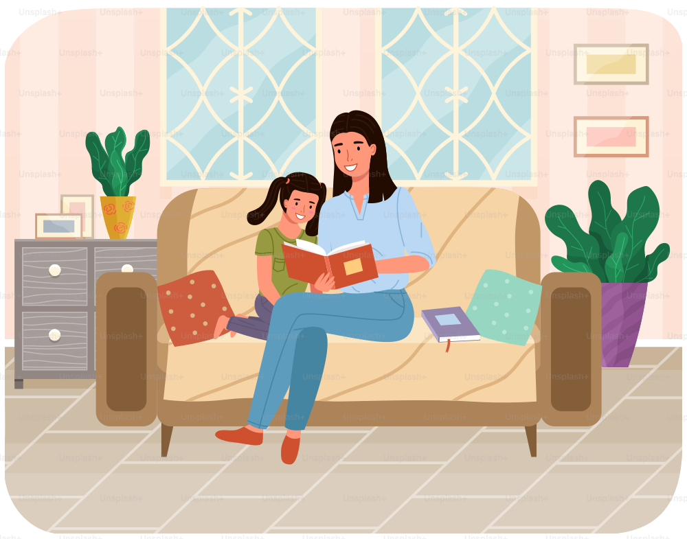 Mom telling fairy tales while putting her daughter to sleep at bed time. Mother reads book to her child at night. Family spends time together before bed. Parent and child are reading literature