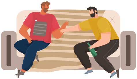 Betrunkene Männer sitzen auf dem Sofa und streiten. Männliche Charaktere trinken Alkohol. Typen Alkoholiker mit einer Bierflasche. Streit betrunkener Männer mit Kater. Menschen verbringen Zeit zusammen zu Hause mit Alkohol