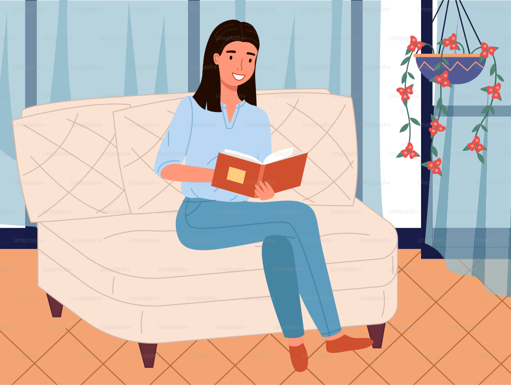 Young woman sitting on armchair and reading book. Lady studying textbook. Person spends time and rests in apartment with paper book. Female character is reading literature at home vector illustration