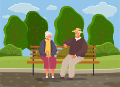 Old woman and man are resting and sitting on bench in park. Grandmother with cane smiling at man in hat. Rendezvous of retirees from nursing home. Elderly people spend time talking together outdoors