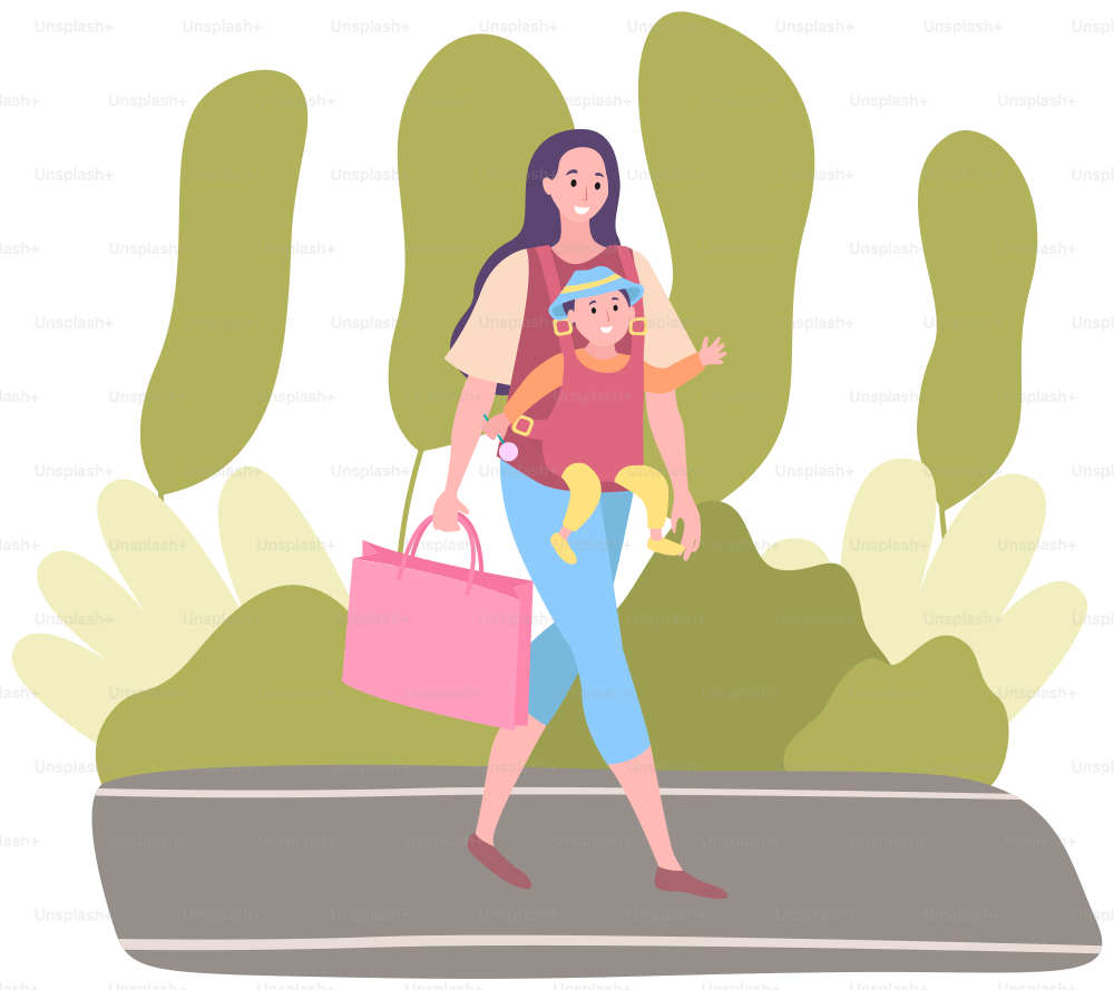 Woman strolling with baby in park. Mother taking care about her child in cute carriage. Walking in outdoor vector illustration. Female character in dress walks through park with baby
