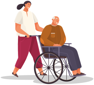 Girl take care of retiree from nursing home. Woman smiles and rolls old man in wheelchair. Assistant working in nursing home. Grandfather with gray hair walks and sits in wheelchair isolated on white