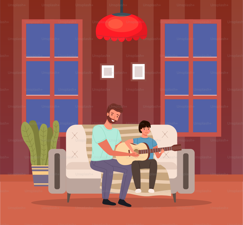 Father spend time with his child. Dad teaches his son how to play guitar. Parent and kid happy together at home. Musician teaches child to make music. Guitar and music lesson vector illustration