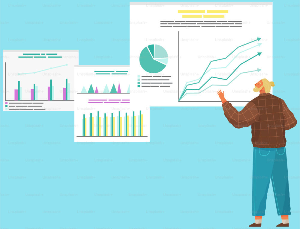 Businessman standing near board with graphs and charts pointing on chatboard with data analysis. Presentation of results of statistical research. Male character makes presentation of analytical data