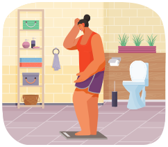 Young woman stands on scales and weights. Lady on diet wants to be slim. Person uses equipment, device to measure kilograms or pounds. Overweight, proper nutrition, fitness, weight loss at home