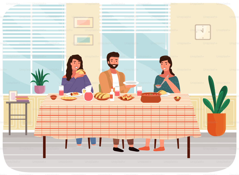 Gruppe von Menschen, Familie oder Freunden, die zusammen zu Hause essen. Charaktere, die Gerichte der mexikanischen Küche essen. Esstisch mit Tacos und Burritos. Anordnung der Möbel. Familie mit mexikanischem Essen auf dem Tisch