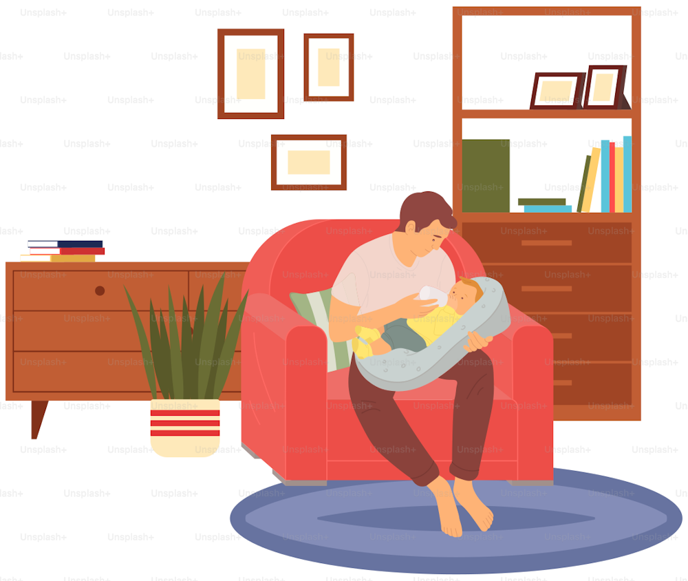 Man feeding newborn baby with bottle in armchair indoors. Child lies on pillow and eats in dad s arms. Man taking care and looking of child in children s room. Dad on maternity leave with baby