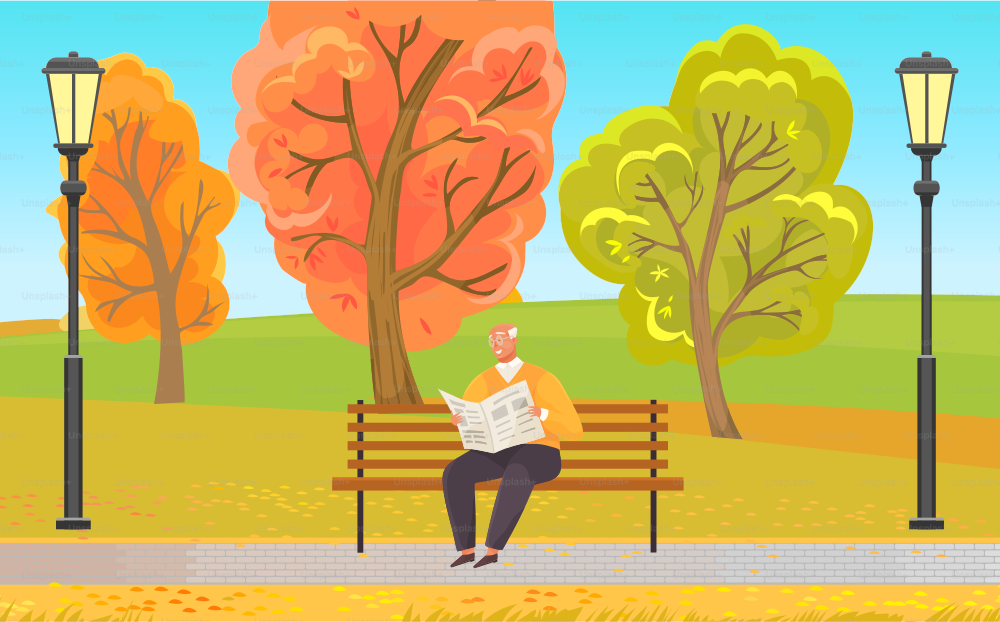 Alter Mann mit Brille, der auf einer Bank im Park sitzt und Zeitung liest. Der ältere männliche Charakter des Rentners verbringt Zeit im Pflegeheim. Großvater ruht sich aus, liest Nachrichten und genießt einen guten Tag im Stadtgarten