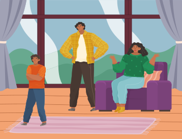 Eltern-Jugend-Konflikt, Probleme von Erwachsenen und Kindern. Mutter und Vater schimpfen zu Hause mit dem Sohn. Problem der Erziehung von Kindern. Familienkonflikt, ungezogener rauer Junge. Mama spricht mit ungehorsamem Teenager