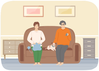 Ehemann und Ehefrau entspannen sich in der Wohnung. Familie ruht sich im Wohnzimmer aus. Eine Frau strickt Kleidung. Mann mit TV-Fernbedienung streichelt Haustier. Hundebesitzer verbringen Zeit zusammen zu Hause. Wohnzimmer mit Innenarchitektur