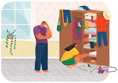 Family doing housework, couple man and woman clean house, washing clothes and putting clothes in wardrobe or closet. Tired guy holding his head in his hand and active girl. Cleaning, household chores